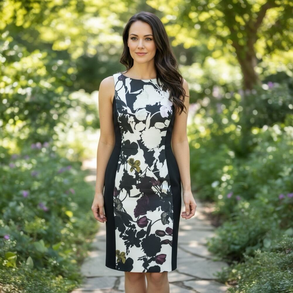Classiques Entier Black & White Floral Sleeveless Sheath Dress Women’s 0